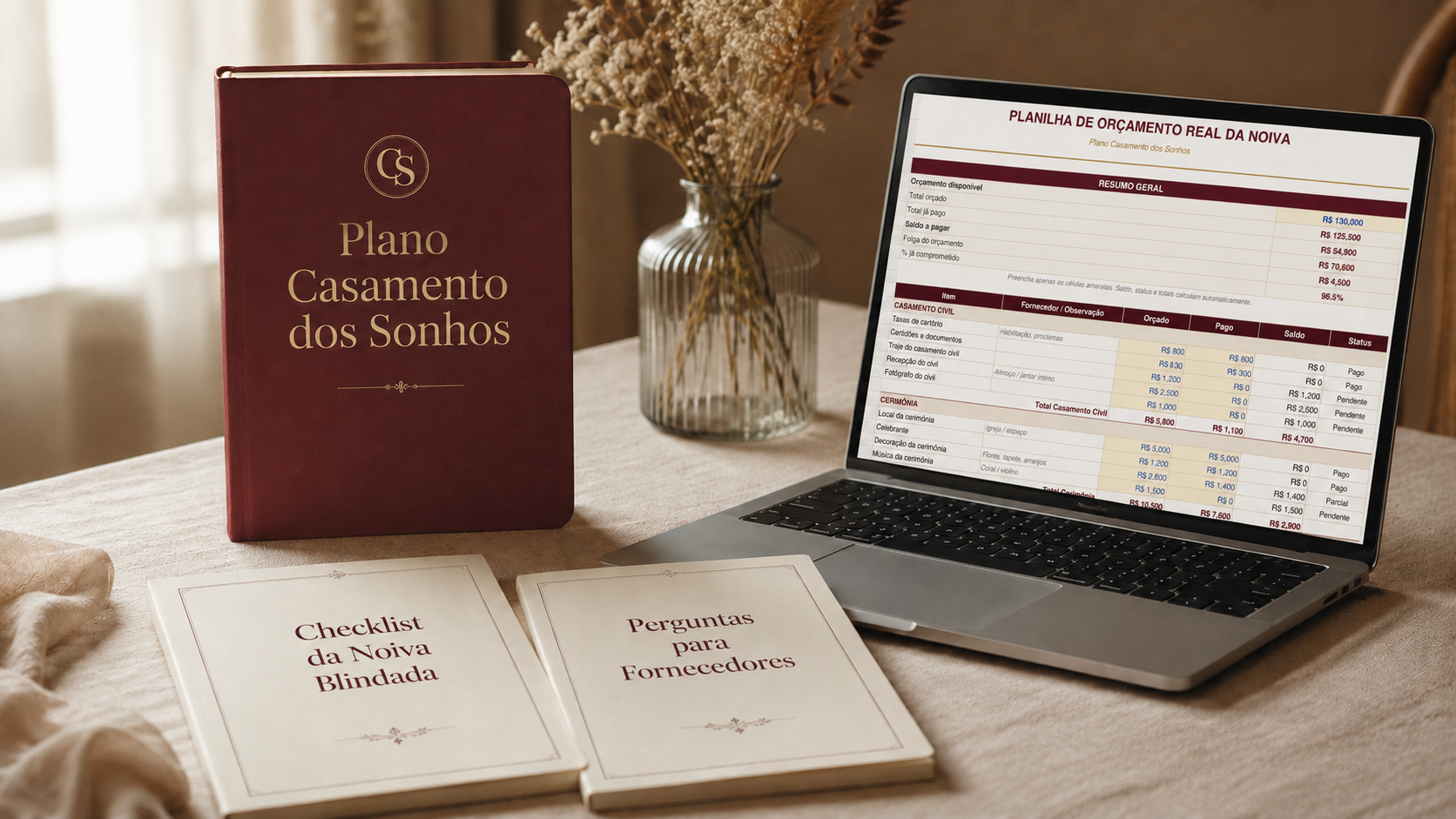 Kit Plano Casamento dos Sonhos com guia completo, planilha de orçamento, checklist da noiva e perguntas para fornecedores
